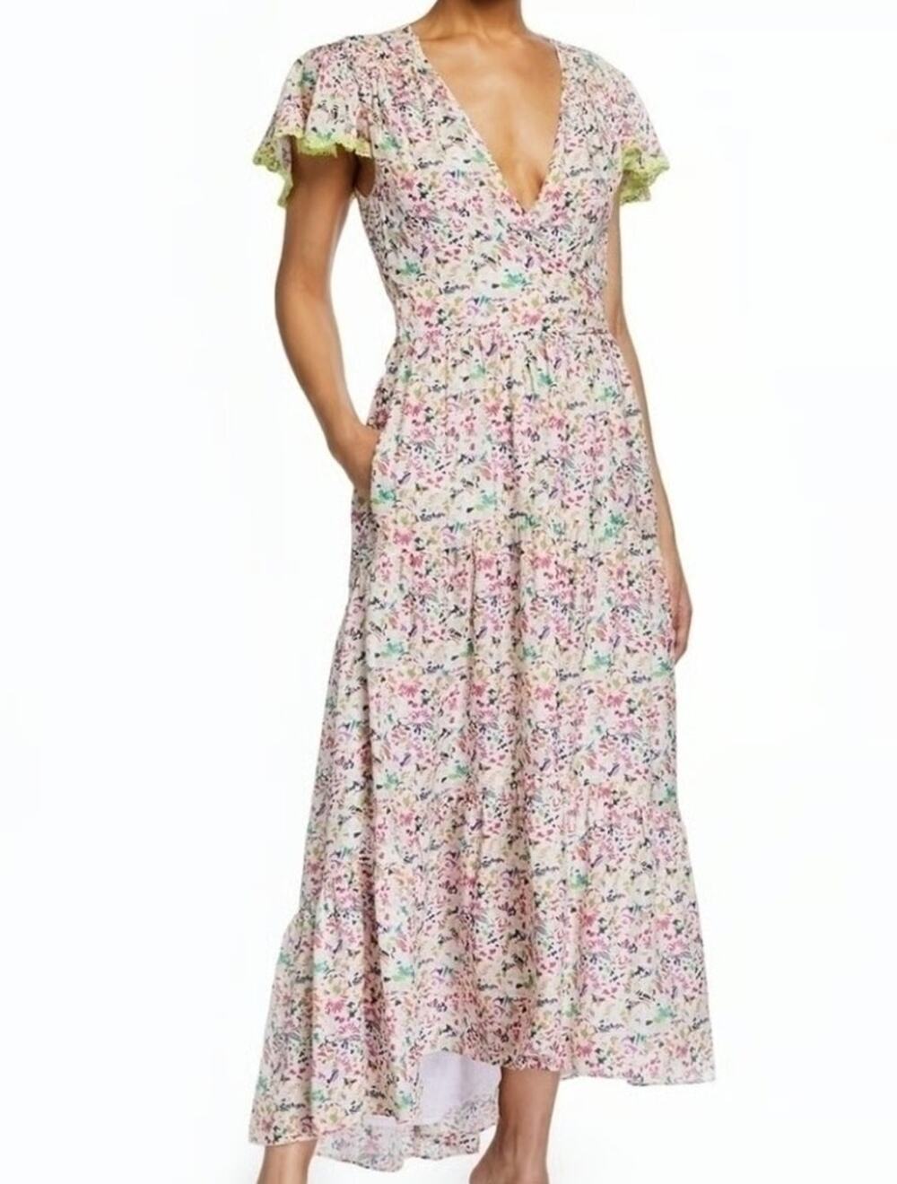 Tanya Taylor Liza Confetti Print Faux Wrap Ruffled Maxi Dress Women's Size 12